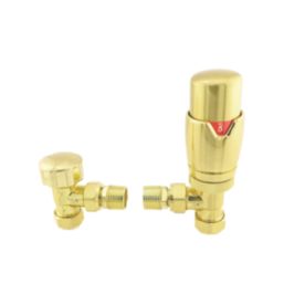 ETAL Danva 15mm x 1/2" Brushed Brass Angled & L/S Modern Thermostatic Radiator Valve & Lockshield