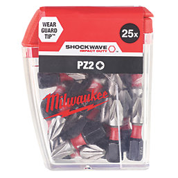 Milwaukee Shockwave 1/4" 25mm Straight Shank PZ2 Screwdriver Bits 25 Pack