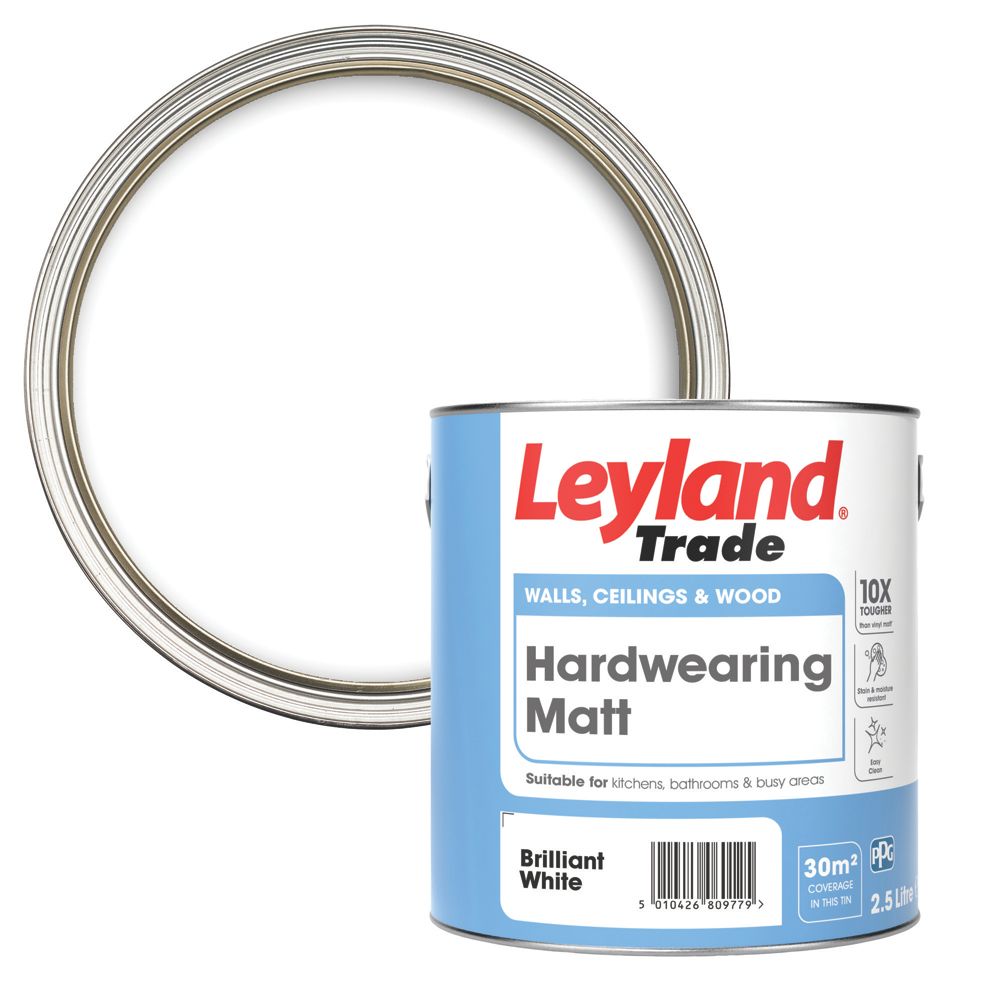 Leyland Trade Hardwearing 2.5Ltr Brilliant White Matt Emulsion Paint