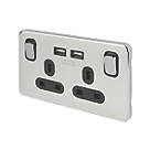 Schneider Electric Lisse Deco 13A 2-Gang SP Switched Socket + 2.1A 10.5W 2-Outlet Type A USB Charger Polished Chrome with Black Inserts