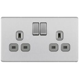LAP  13A 2-Gang DP Switched Power Socket Brushed Stainless Steel  with Graphite Inserts