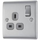 British General Nexus Metal 13A 1-Gang SP Switched Plug Socket Brushed Steel  with Graphite Inserts