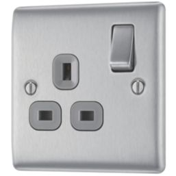 British General Nexus Metal 13A 1-Gang SP Switched Plug Socket Brushed Steel  with Graphite Inserts