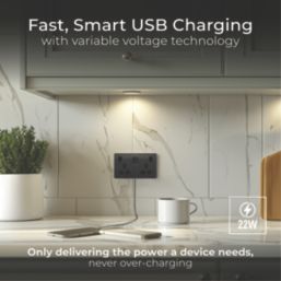 British General Evolve 13A 2-Gang SP Switched Socket + 3A 22W 2-Outlet Type A & C USB Charger Black Chrome with Black Inserts