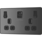 British General Evolve 13A 2-Gang SP Switched Socket + 3A 22W 2-Outlet Type A & C USB Charger Black Chrome with Black Inserts