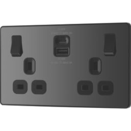 British General Evolve 13A 2-Gang SP Switched Socket + 3A 22W 2-Outlet Type A & C USB Charger Black Chrome with Black Inserts