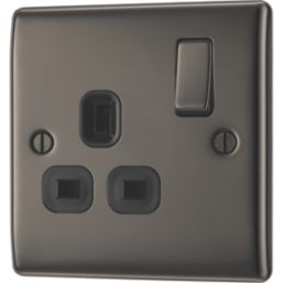 British General Nexus Metal 13A 1-Gang DP Switched Plug Socket Black Nickel  with Black Inserts