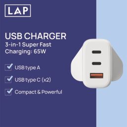 LAP 3-Outlet Type A & C Plug-In USB Adaptor Plug 3.25A