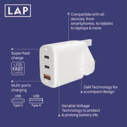 LAP 3-Outlet Type A & C Plug-In USB Adaptor Plug 3.25A