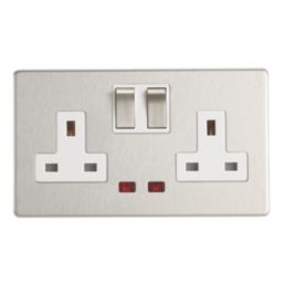 Contactum Lyric 13A 2-Gang DP Switched Socket Outlet Brushed Steel with Neon with White Inserts
