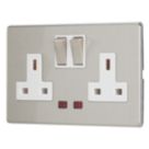 Contactum Lyric 13A 2-Gang DP Switched Socket Outlet Brushed Steel with Neon with White Inserts