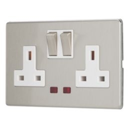 Contactum Lyric 13A 2-Gang DP Switched Socket Outlet Brushed Steel with Neon with White Inserts