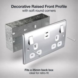 British General Nexus Metal 13A 2-Gang SP Switched Socket + 3.25A 22W 2-Outlet Type C USB Charger Polished Chrome with White Inserts