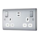 British General Nexus Metal 13A 2-Gang SP Switched Socket + 3.25A 22W 2-Outlet Type C USB Charger Polished Chrome with White Inserts