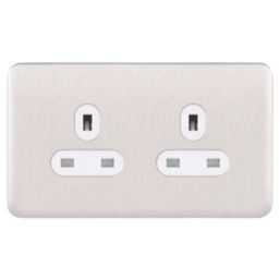 Schneider Electric Lisse Deco 13A 2-Gang Unswitched Plug Socket Brushed Stainless Steel with White Inserts