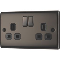 British General Nexus Metal 13A 2-Gang DP Switched Plug Socket Black Nickel  with Black Inserts