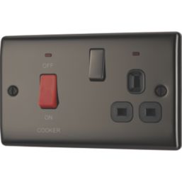 British General Nexus Metal 45A 2-Gang DP Cooker Switch & 13A DP Switched Socket Black Nickel with LED with Black Inserts