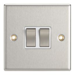 Contactum iConic 10AX 2-Gang 2-Way Light Switch  Brushed Steel with White Inserts