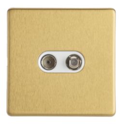 Contactum Lyric 2-Gang Coaxial TV & F-Type Satellite Socket Brushed Brass with White Inserts