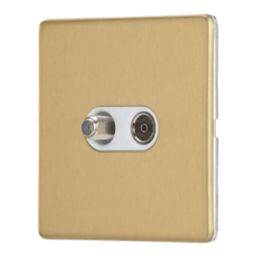 Contactum Lyric 2-Gang Coaxial TV & F-Type Satellite Socket Brushed Brass with White Inserts