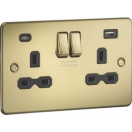 Knightsbridge  13A 2-Gang SP Switched Socket + 4.0A 20W 2-Outlet Type A & C USB Charger Polished Brass with Black Inserts