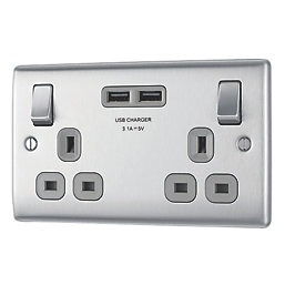 British General Nexus Metal 13A 2-Gang SP Switched Socket + 3.1A 15.5W 2-Outlet Type A USB Charger Brushed Steel with Graphite Inserts
