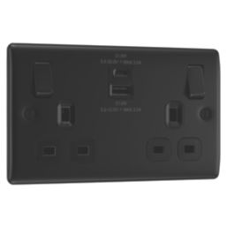 British General Nexus Metal 13A 2-Gang SP Switched Socket + 2.4A 22W 2-Outlet Type A & C USB Charger Matt Black with Black Inserts