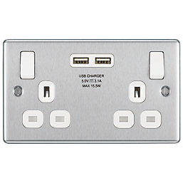LAP  13A 2-Gang SP Switched Socket + 3.1A 15.5W 2-Outlet Type A USB Charger Brushed Stainless Steel with White Inserts