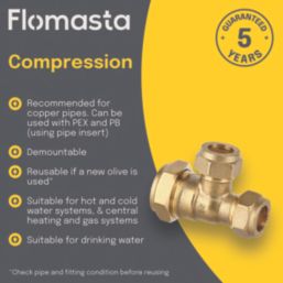 Flomasta  Brass Compression Reducing Tee 22mm x 15mm x 15mm