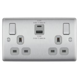 British General Nexus Metal 13A 2-Gang SP Switched Socket + 2.4A 22W 2-Outlet Type A & C USB Charger Brushed Steel with Grey Inserts