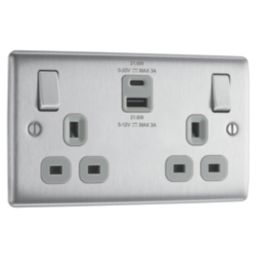 British General Nexus Metal 13A 2-Gang SP Switched Socket + 2.4A 22W 2-Outlet Type A & C USB Charger Brushed Steel with Grey Inserts
