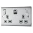 British General Nexus Metal 13A 2-Gang SP Switched Socket + 2.4A 22W 2-Outlet Type A & C USB Charger Brushed Steel with Grey Inserts