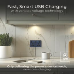British General Evolve 13A 2-Gang SP Switched Socket + 3A 22W 2-Outlet Type A & C USB Charger Blue with Black Inserts