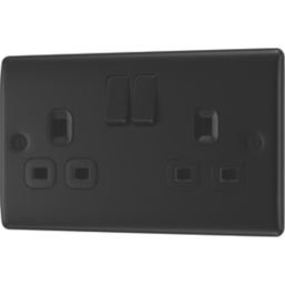 British General Nexus Metal 13A 2-Gang DP Switched Power Socket Matt Black  with Colour-Matched Inserts