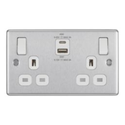 LAP  13A 2-Gang SP Switched Socket + 3A 45W 2-Outlet Type A & C USB Charger Brushed Steel with White Inserts