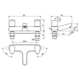 Ideal Standard Cerabase Chrome 81mm Deck Mounted Lever 2 Tap Holes Bath Mixer Tap