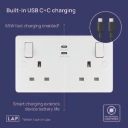 LAP  13A 2-Gang SP Switched Socket + 3.25A 65W 2-Outlet Type C USB Charger White with Colour-Matched Inserts