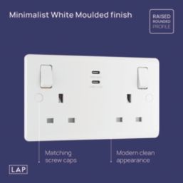 LAP  13A 2-Gang SP Switched Socket + 3.25A 65W 2-Outlet Type C USB Charger White with Colour-Matched Inserts