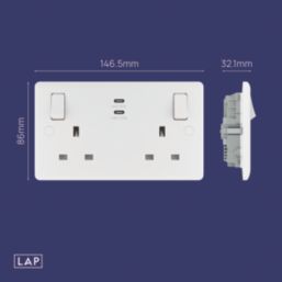 LAP  13A 2-Gang SP Switched Socket + 3.25A 65W 2-Outlet Type C USB Charger White with Colour-Matched Inserts