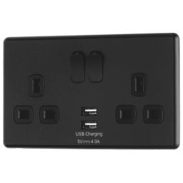 Arlec  13A 2-Gang SP Switched Socket + 4A 15W 2-Outlet Type A USB Charger Black with Colour-Matched Inserts