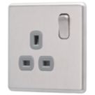Arlec  13A 1-Gang SP Switched Socket Stainless Steel  with Grey Inserts
