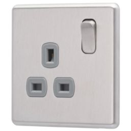 Arlec  13A 1-Gang SP Switched Socket Stainless Steel  with Grey Inserts