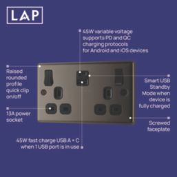LAP  13A 2-Gang SP Switched Socket + 3A 45W 2-Outlet Type A & C USB Charger Black Nickel with Black Inserts