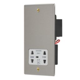 Contactum Iconic 2-Gang Dual Voltage Shaver Socket 115 - 230V Brushed Steel with White Inserts