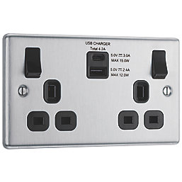 LAP  13A 2-Gang SP Switched Socket + 4.2A 15W 2-Outlet Type A & C USB Charger Brushed Stainless Steel with Black Inserts