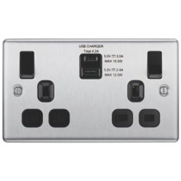 LAP  13A 2-Gang SP Switched Socket + 4.2A 15W 2-Outlet Type A & C USB Charger Brushed Stainless Steel with Black Inserts