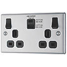 LAP  13A 2-Gang SP Switched Socket + 4.2A 15W 2-Outlet Type A & C USB Charger Brushed Stainless Steel with Black Inserts