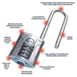 Squire Vulcan Combi 40/2.5 Water-Resistant Long Shackle Combination  Padlock Blue 40mm