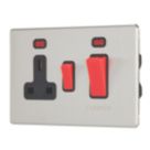 Contactum Lyric 45A 2-Gang DP Cooker Switch & 13A DP Switched Socket Brushed Steel with Neon with Black Inserts