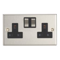 Contactum Iconic 13A 2-Gang DP Switched Socket Outlet Brushed Steel  with Black Inserts